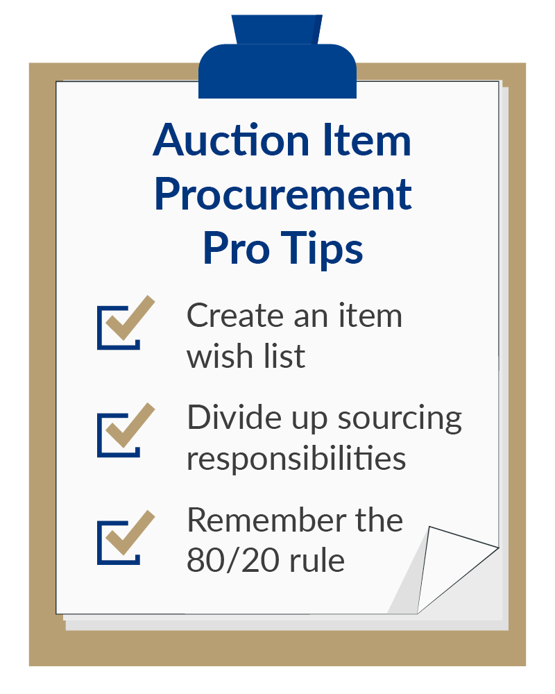 A checklist of three tips to procure charity auction items, which are detailed below.