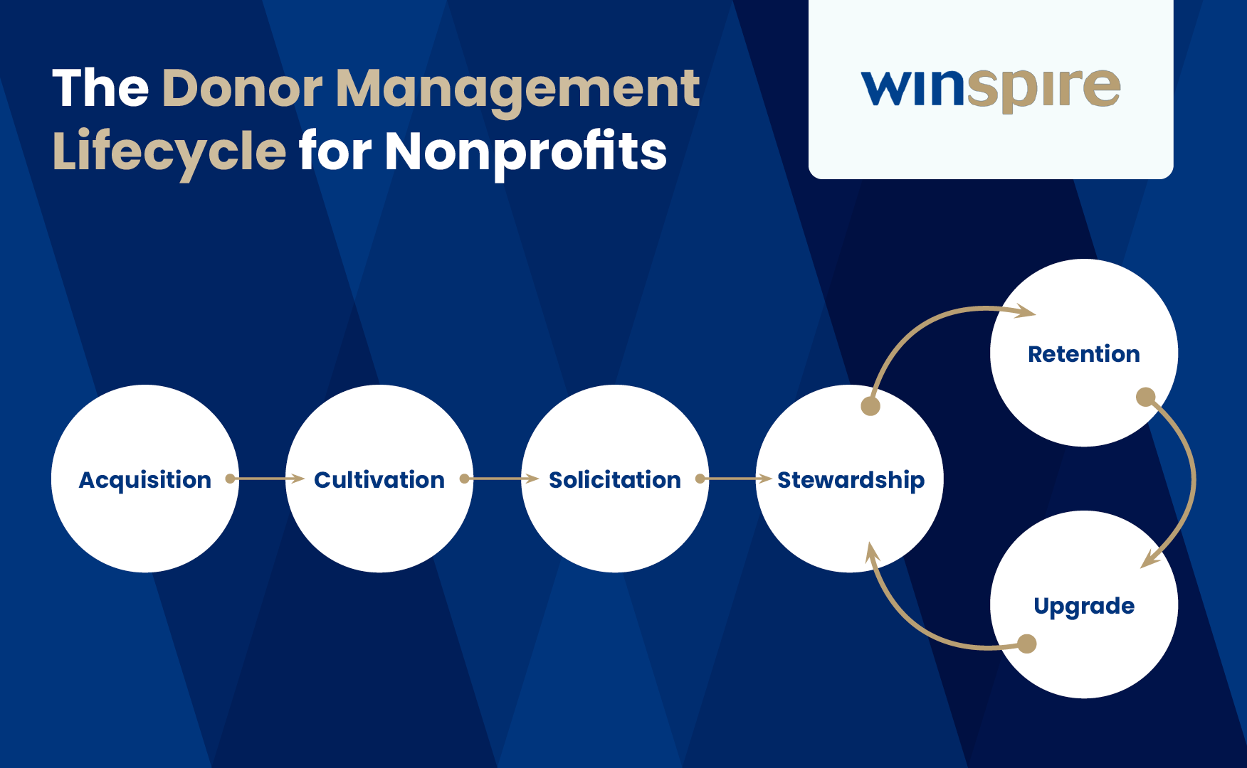 A flowchart of the six steps of the nonprofit donor management lifecycle, one of which is donor stewardship.