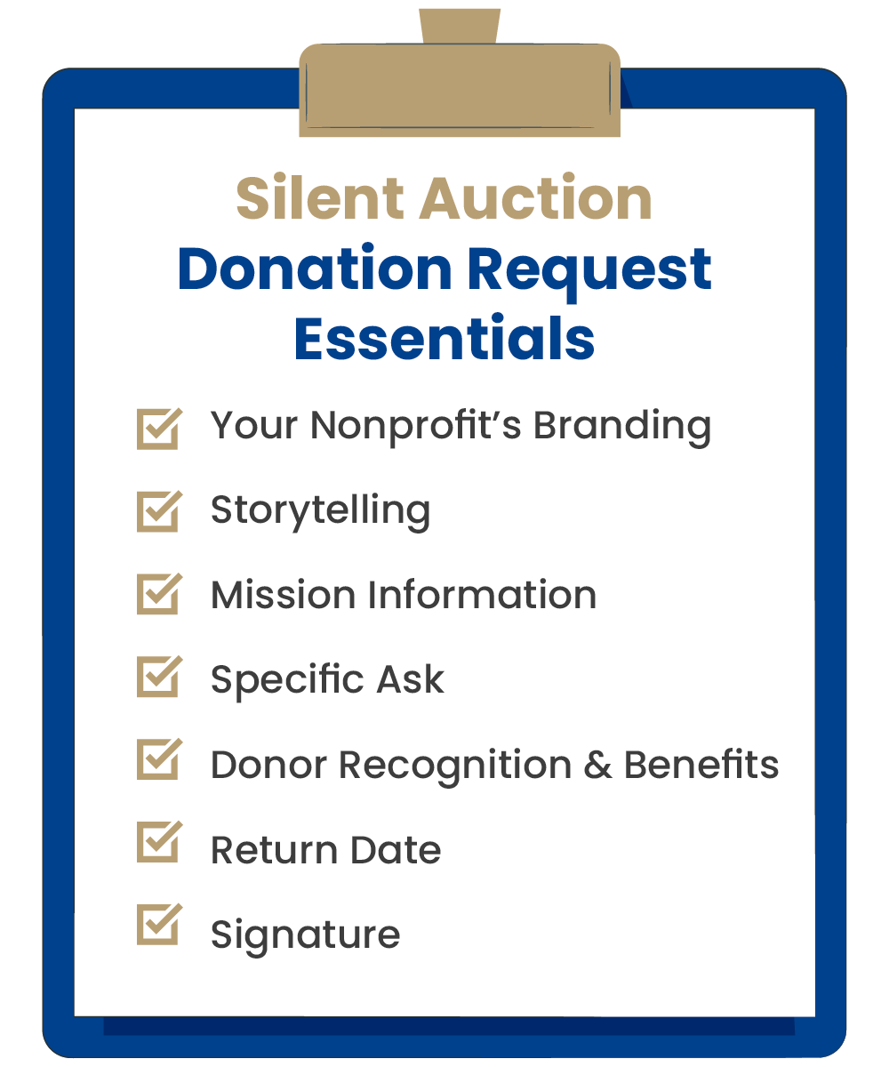 A checklist of seven essential elements of a silent auction donation request, which are listed below.