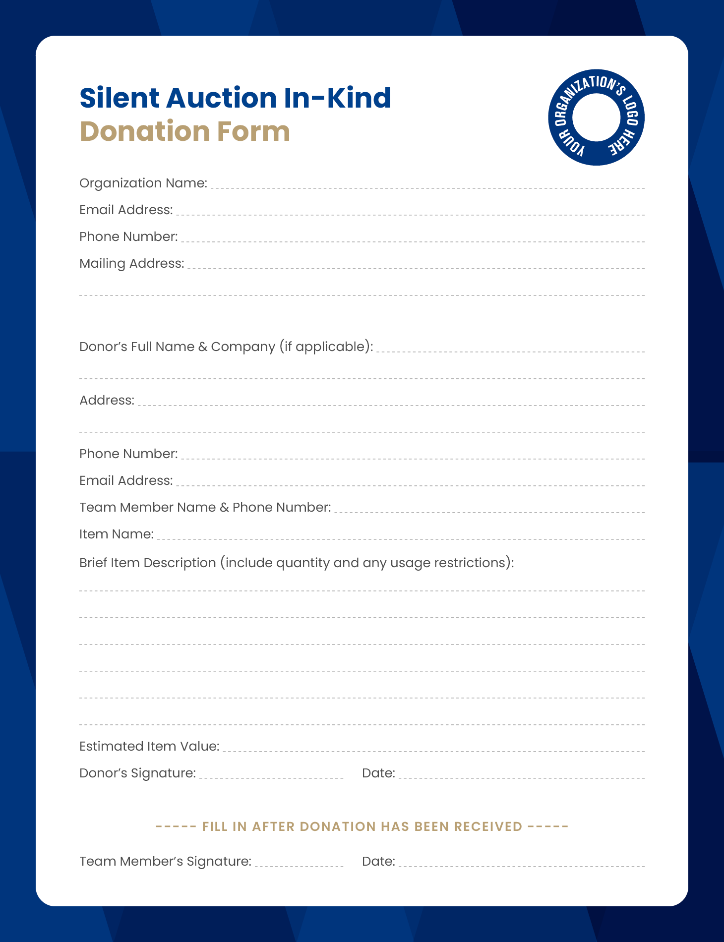 A customizable silent auction in-kind donation form template.