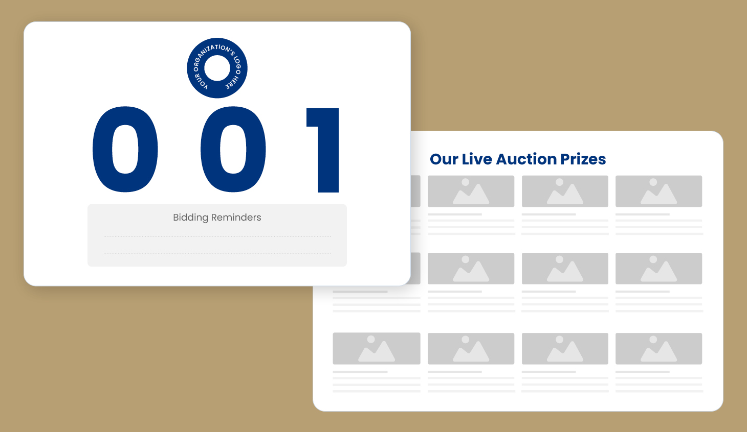 The front and back of Winspire’s auction bid card template, which includes the content elements discussed above.