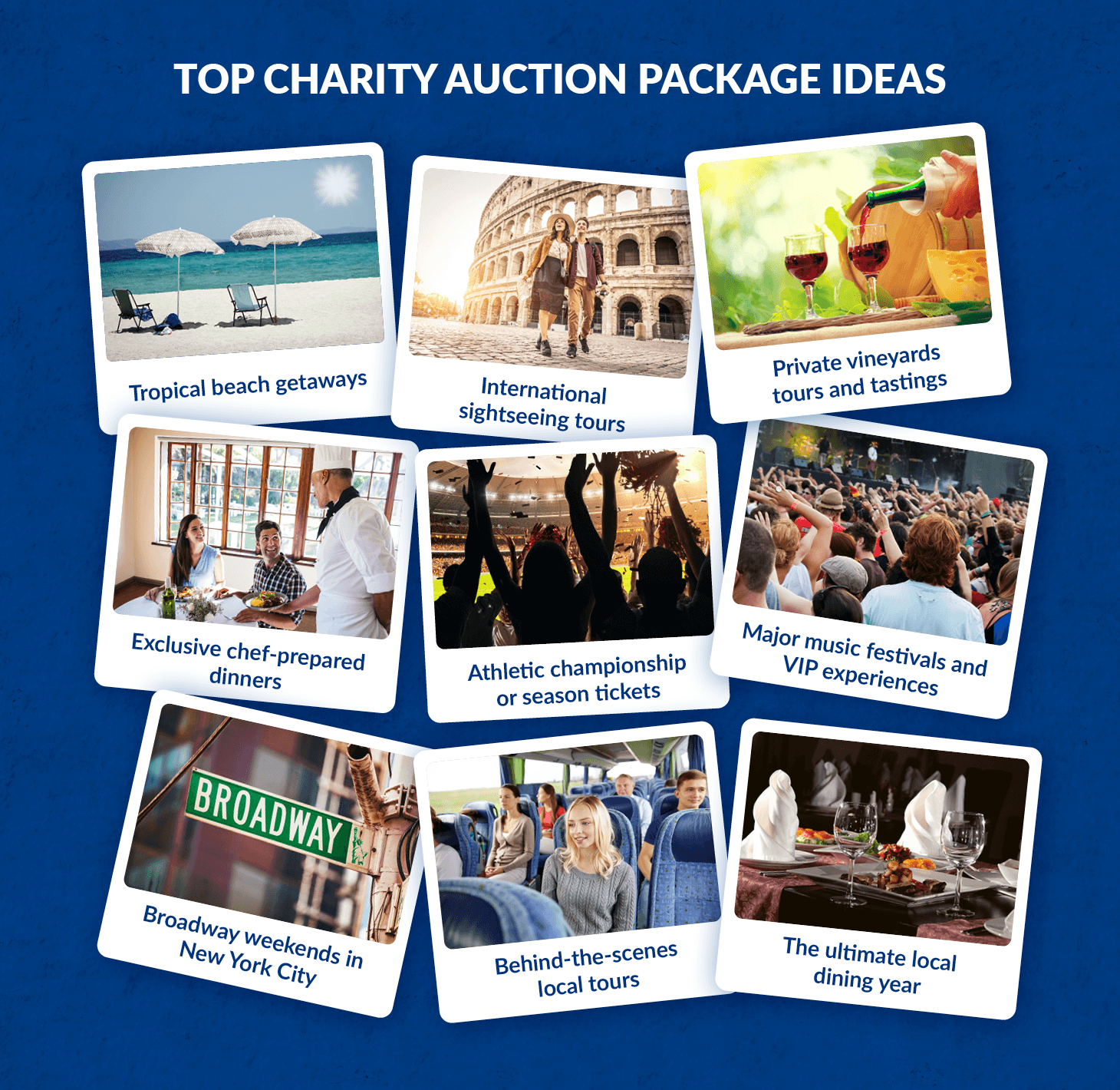 A graphic showing top charity auction package ideas, which are explored in the sections below.